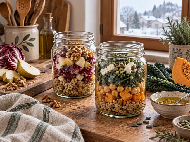 Saladas de inverno completas preparadas no frasco
