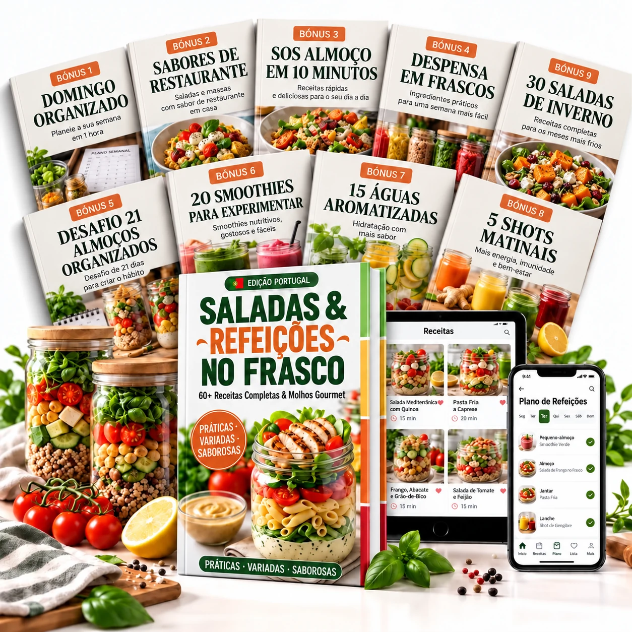Saladas e refeições no frasco com os nove bónus
